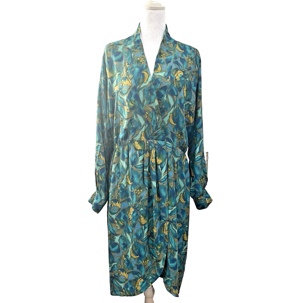 Gala Gillian Dress Multicolor Silk Floral Long Sleeve V-Neck Wrap Knee Length 12